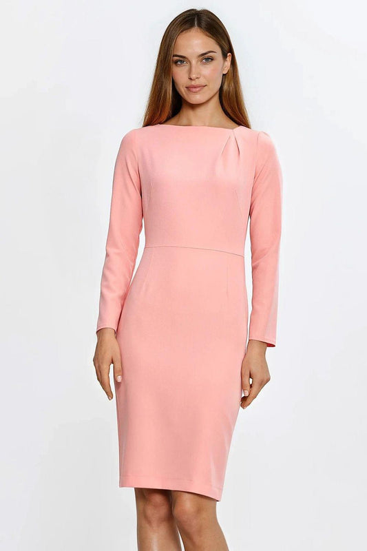 Pink sheath daydress with long sleeves, knee length, fitted waist