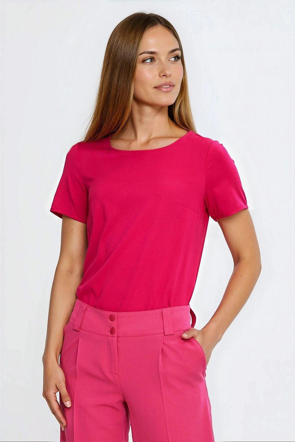 Pink boat-neck short-sleeve blouse in smooth viscose, relaxed fit