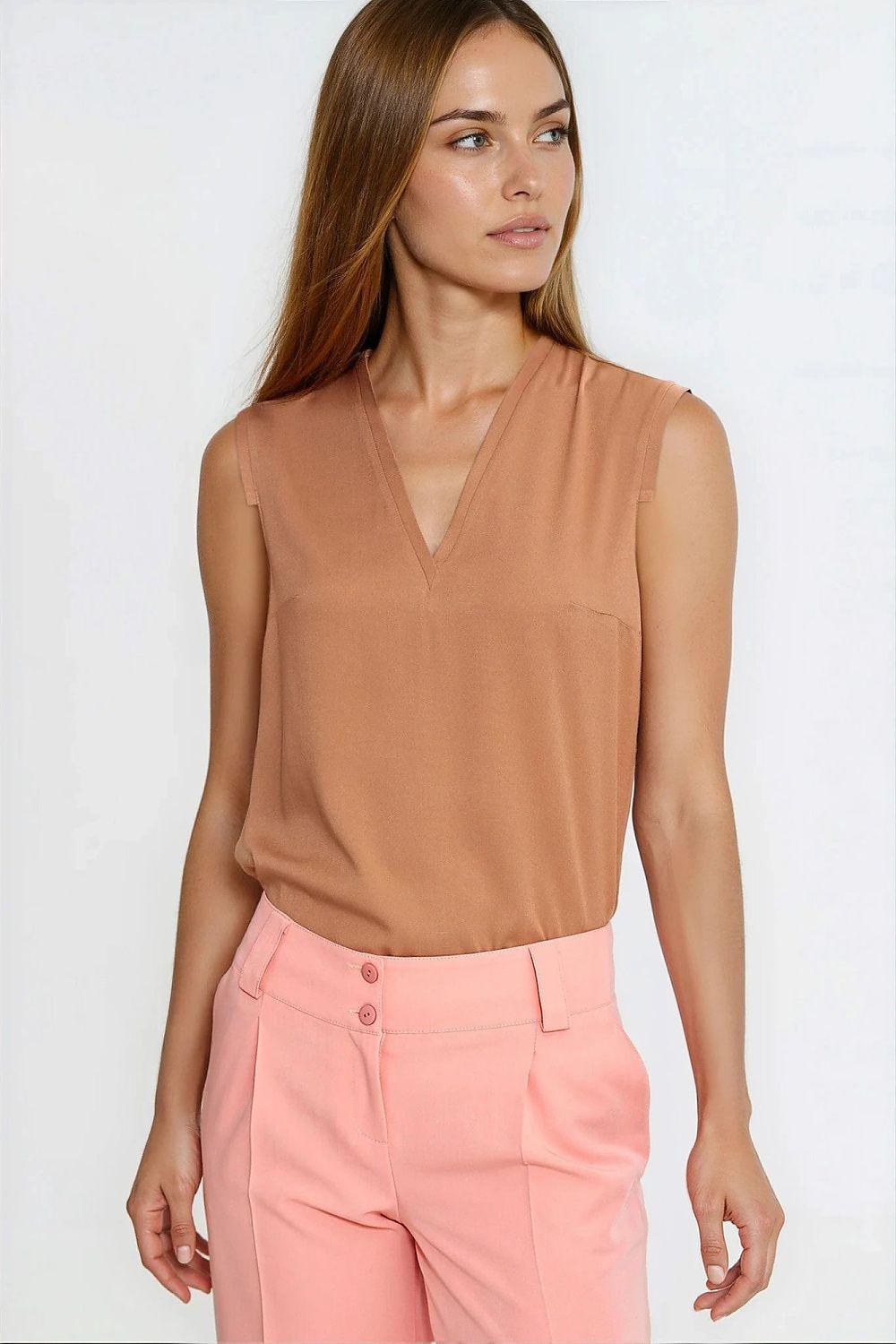 Brown sleeveless V-neck blouse with slim fit and draped front