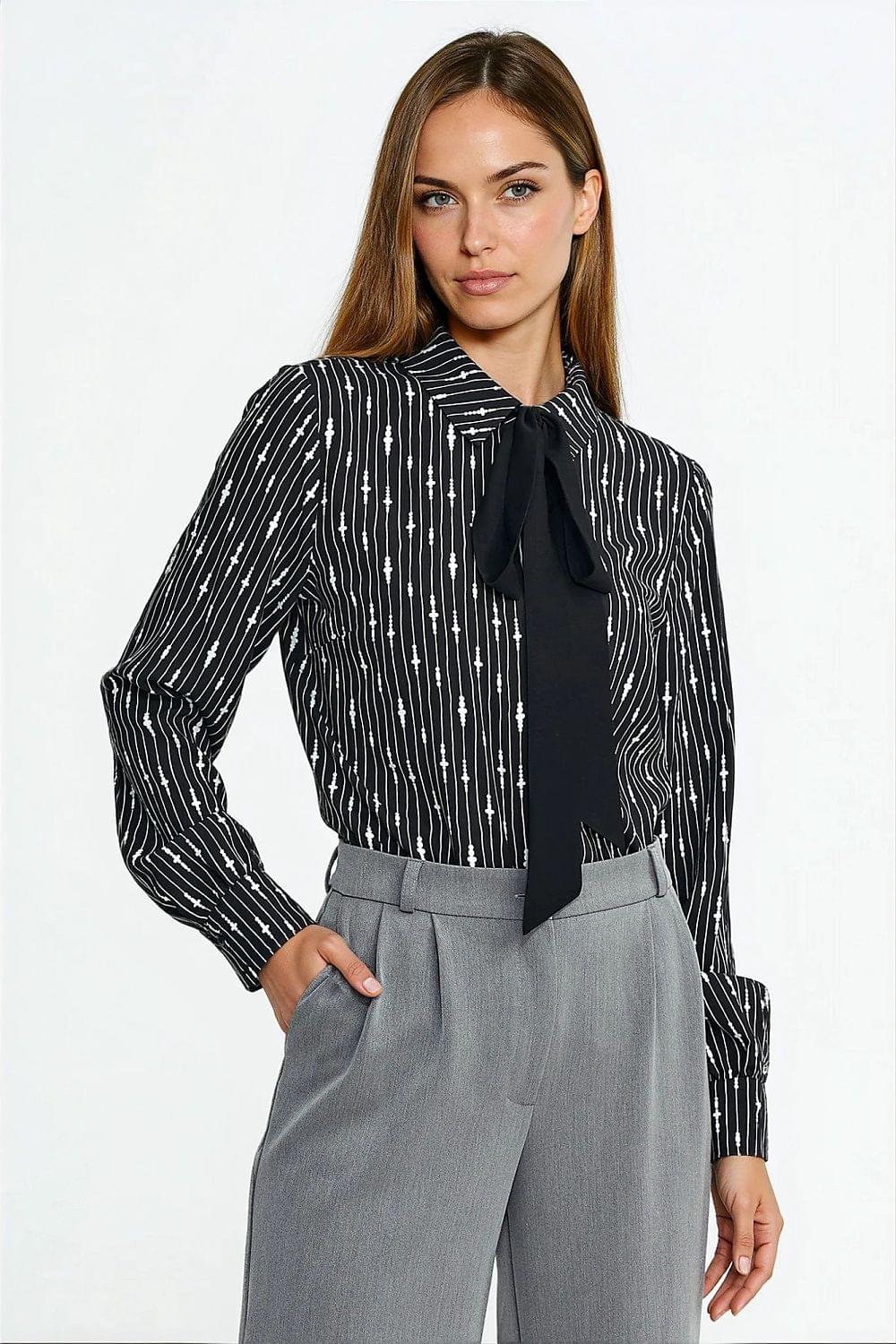 Black long-sleeve shirt with vertical pinstripe stars and bow neck tie