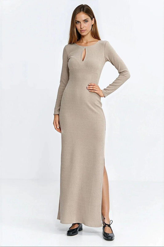 Beige long-sleeve maxi dress with keyhole neckline and front slit