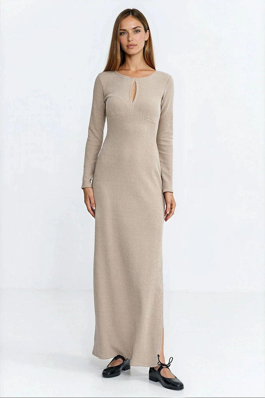 Beige long-sleeve maxi daydress with keyhole neckline and front slit