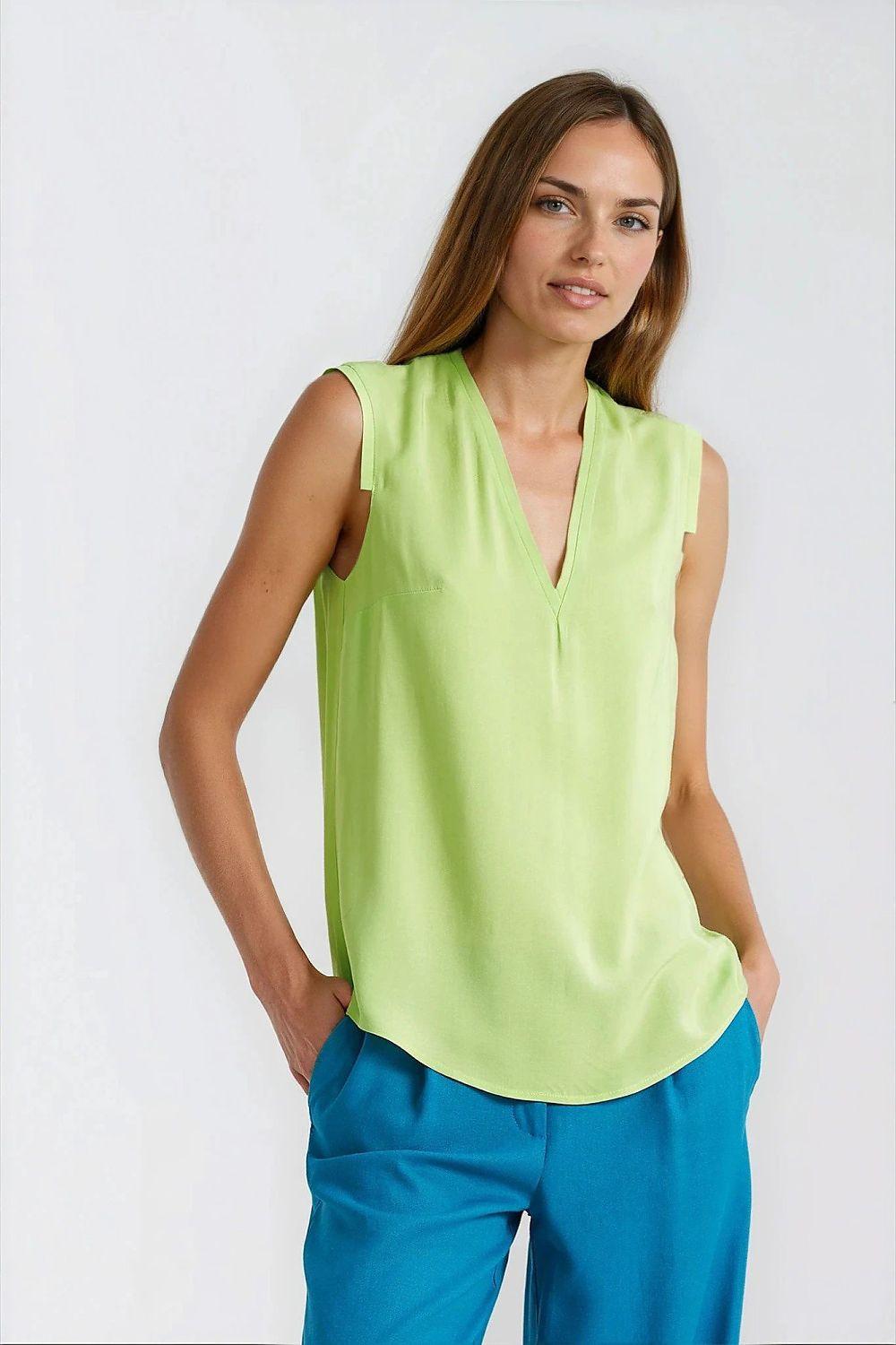 Sleeveless viscose blouse with V-neck, lime green