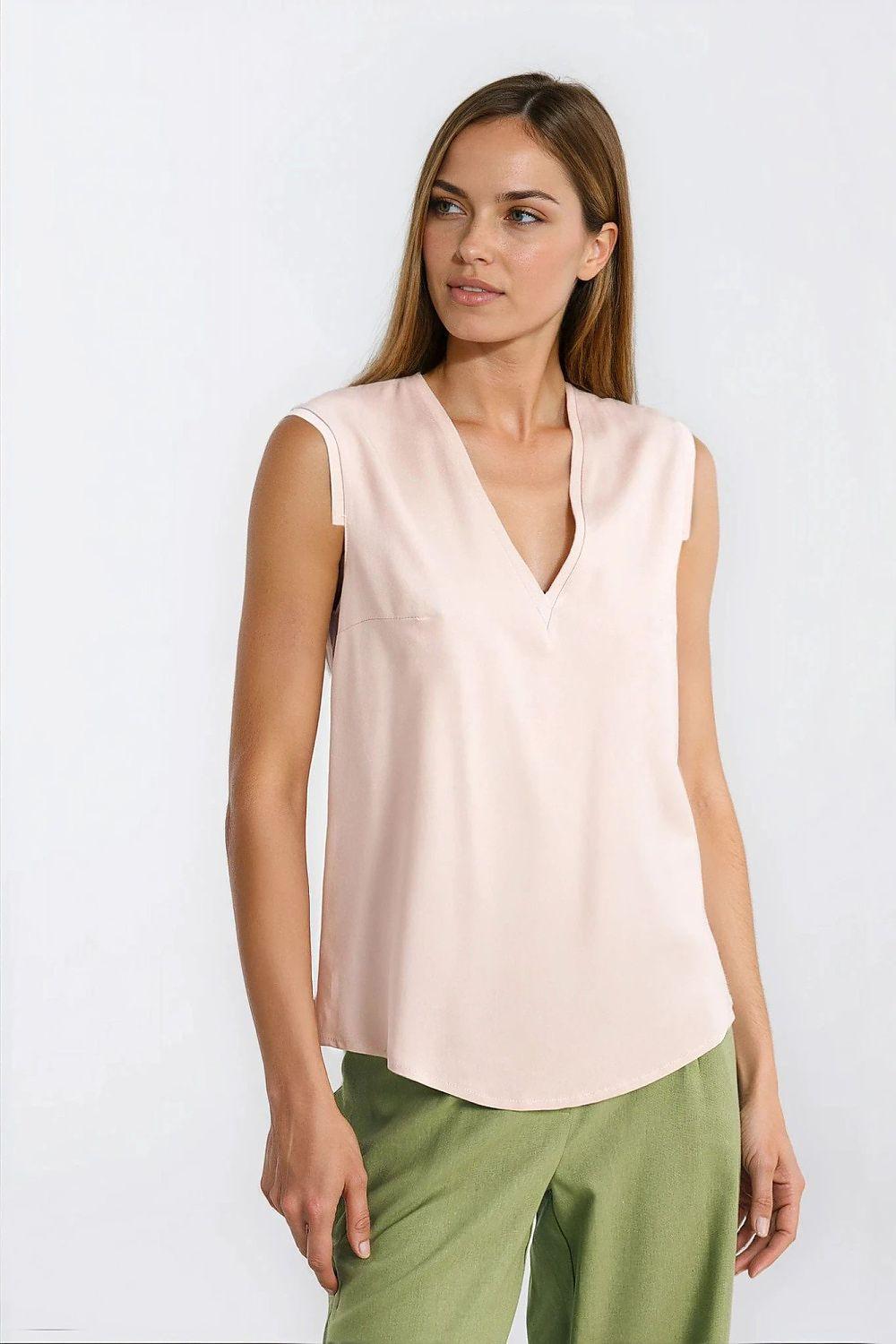 Light pink sleeveless V-neck blouse with pleated front detail