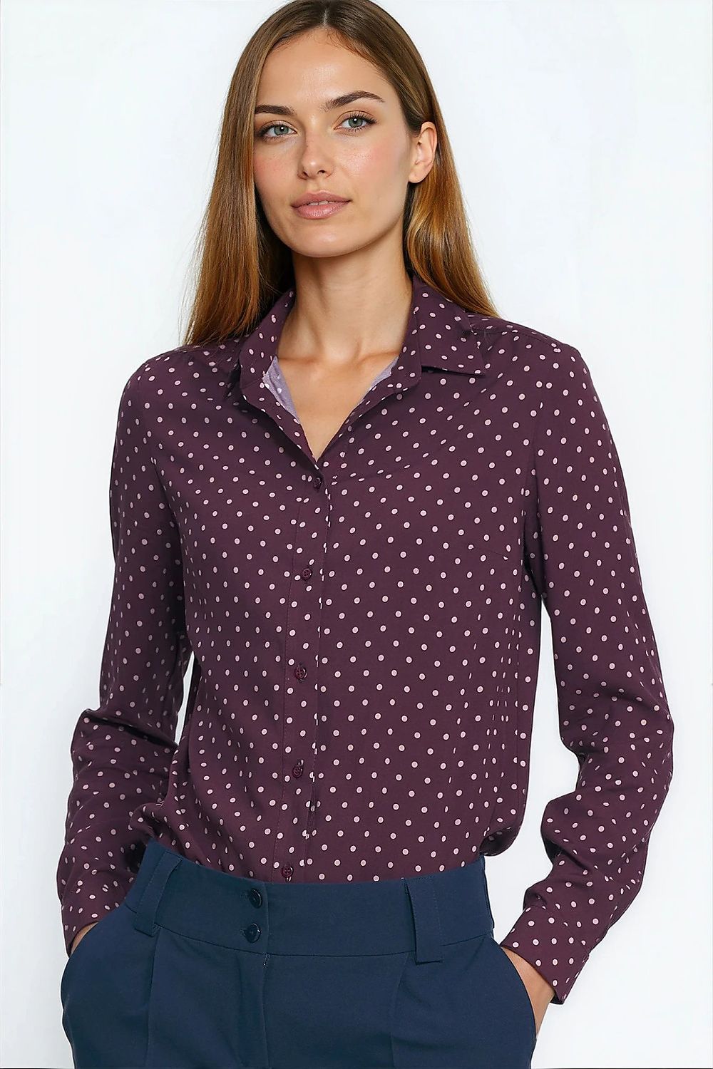 Burgundy long-sleeve polka dot shirt with button-up collar