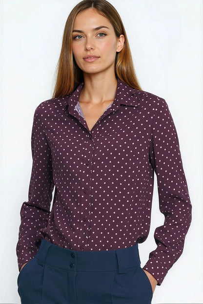 Burgundy long-sleeve polka dot shirt with button-up collar
