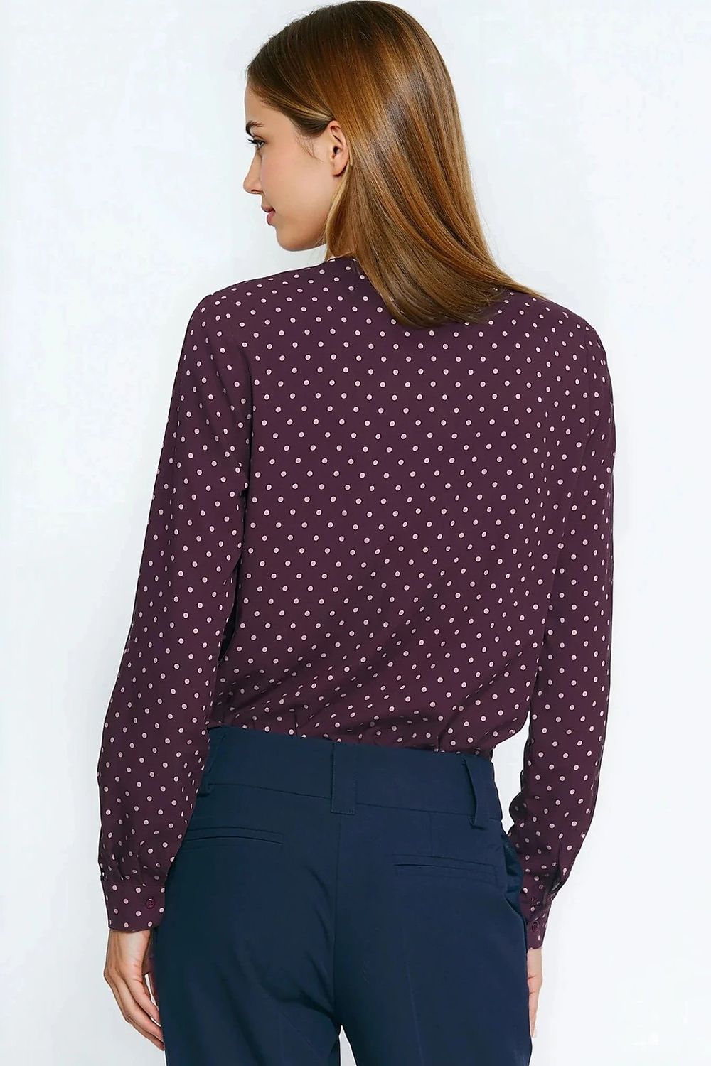 Burgundy long-sleeve polka dot shirt, back view with full sleeves
