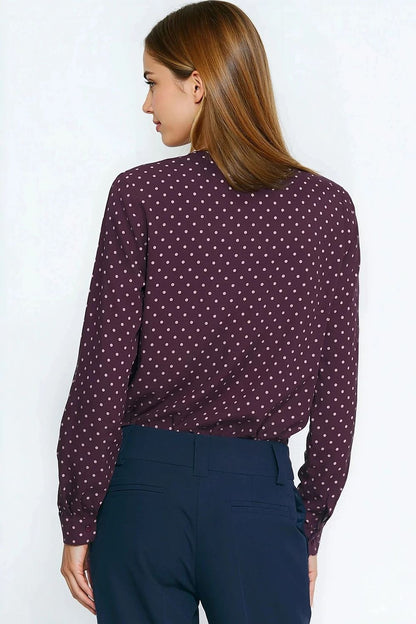 Burgundy long-sleeve polka dot shirt, back view with full sleeves