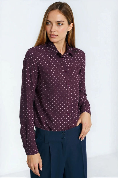 Burgundy polka dot long-sleeve shirt with button-up neckline