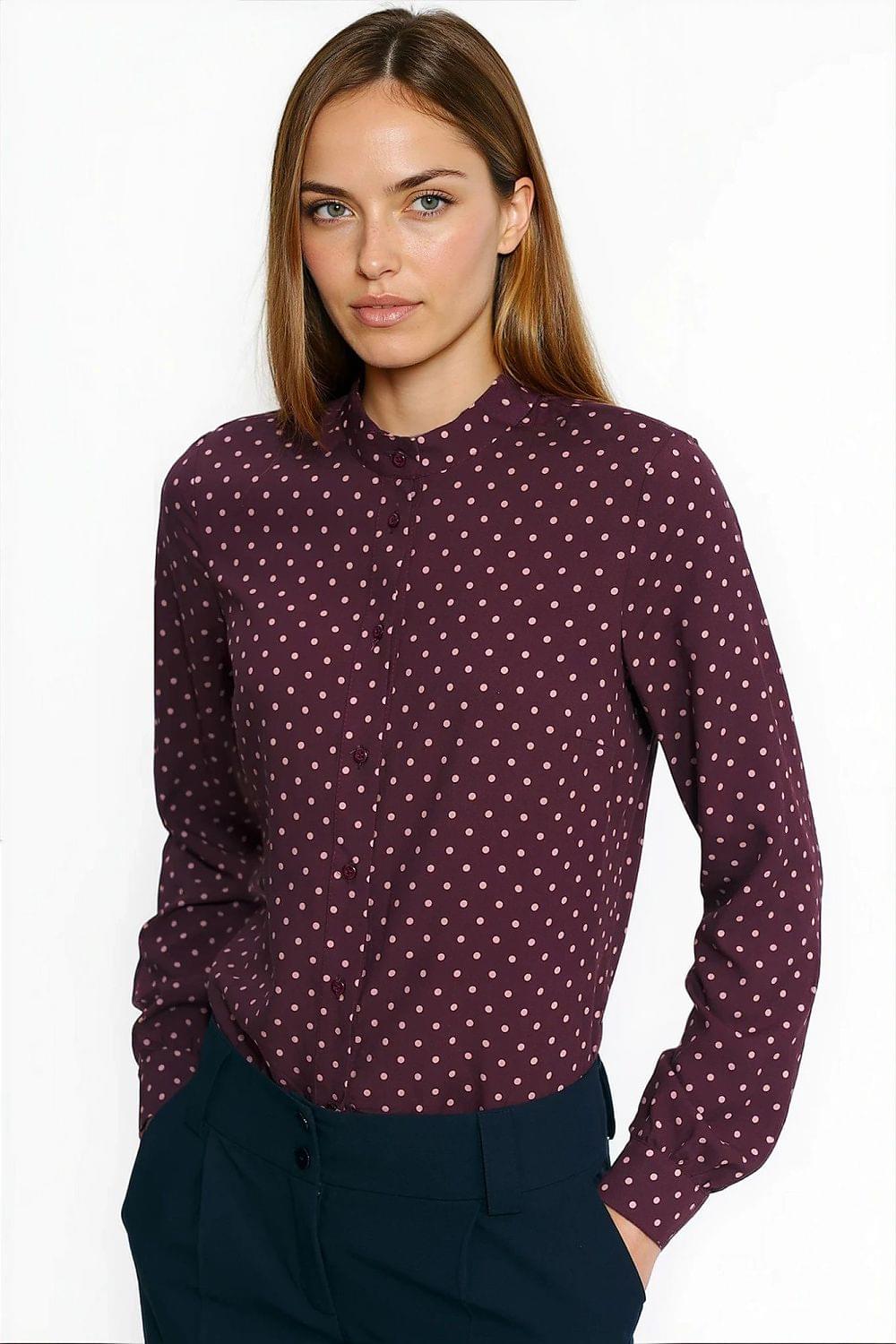 Long-sleeve shirt in dark purple with white dot pattern and buttoned placket