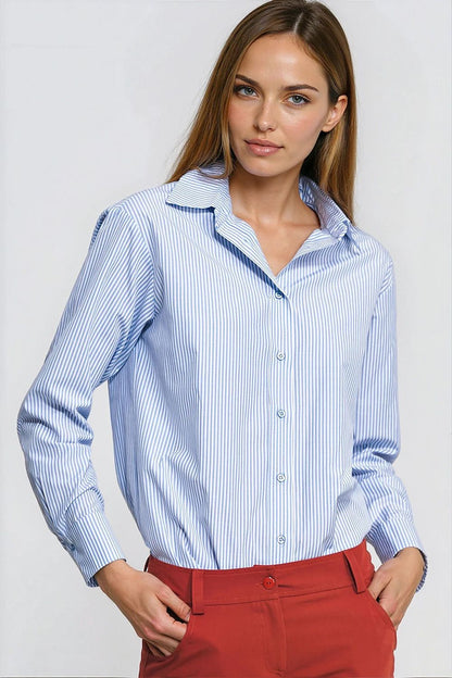 Blue and white striped long-sleeve button-front shirt with pointed collar, cotton-blend