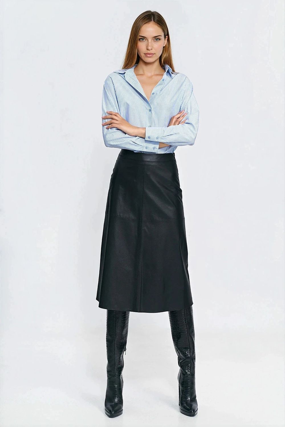 Blue and white striped long-sleeve button-front shirt with pointed collar, long sleeves