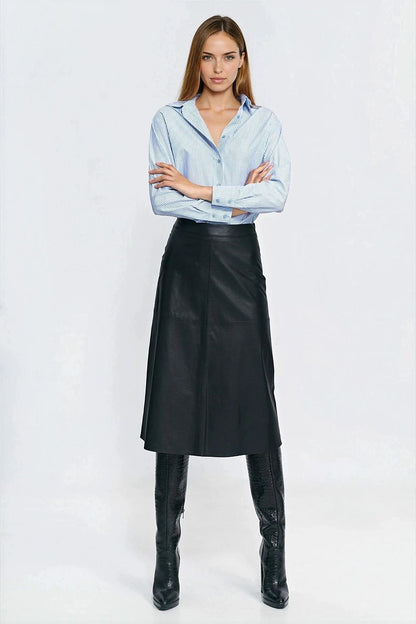 Blue and white striped long-sleeve button-front shirt with pointed collar, long sleeves