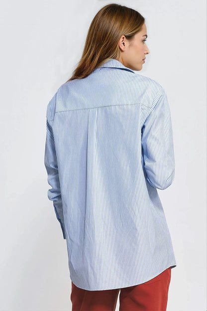 Blue and white striped long-sleeve shirt, back view with yoke and side seams