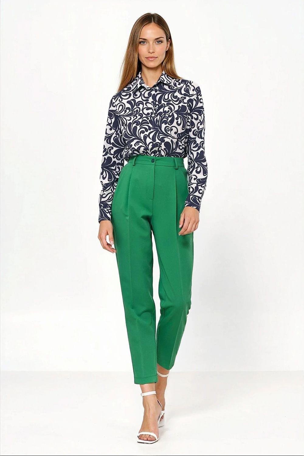 Green high-waist ankle trousers with belt loops and pleated front