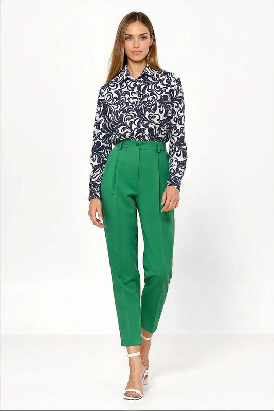 Women’s green high-waist ankle trousers with belt loops and pleated front