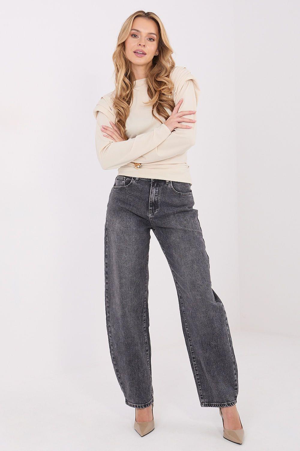 Beige long-sleeve blouse with crew neck and ruched waist detail