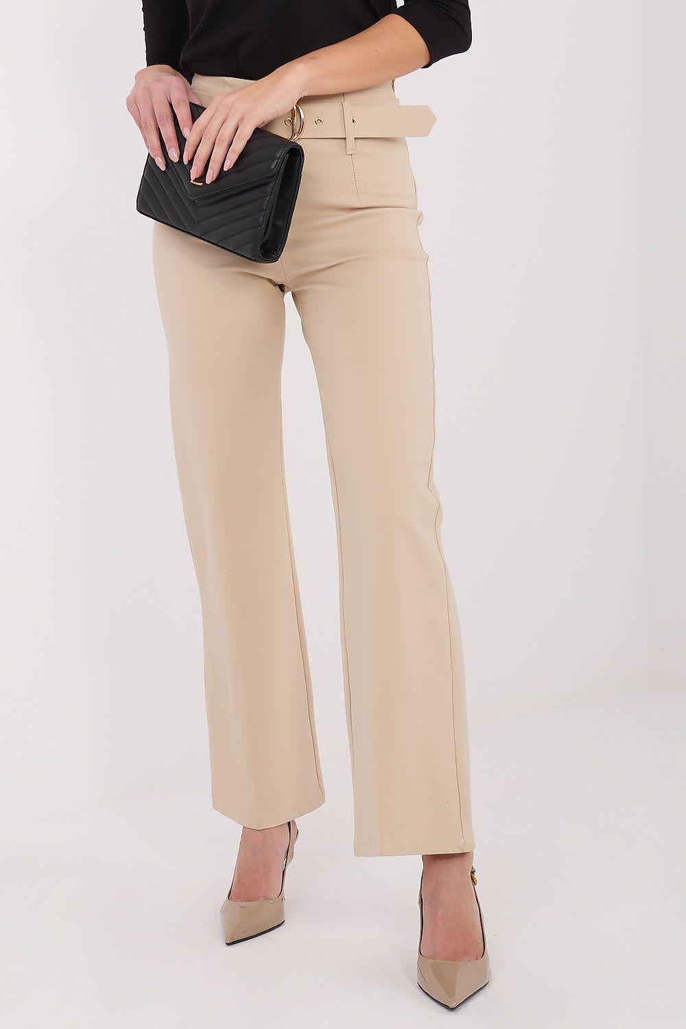Beige high-waist trousers with straight legs and front crease