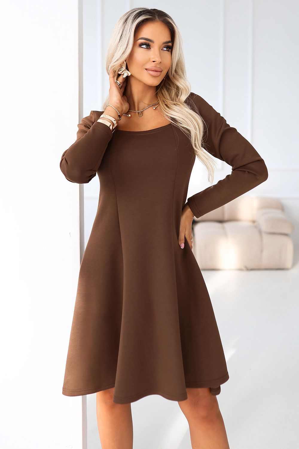 Chocolate brown flared long-sleeve daydress with square neckline