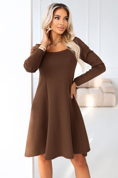 Chocolate brown flared long-sleeve daydress with square neckline