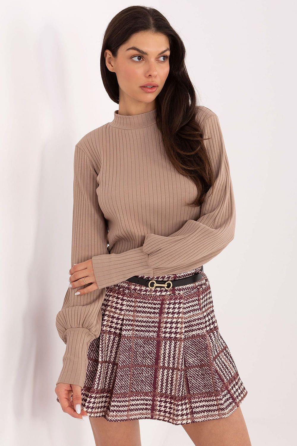 Beige ribbed turtleneck blouse with long sleeves