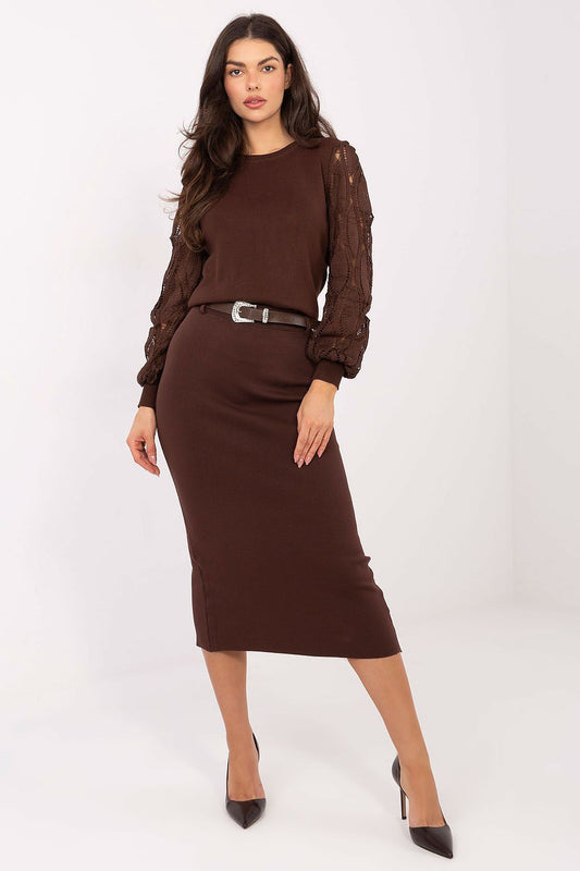 Brown ribbed knit midi skirt, fitted pencil silhouette, midi length