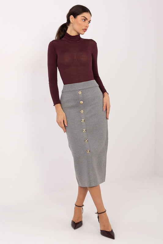 Grey knit midi skirt with gold button front