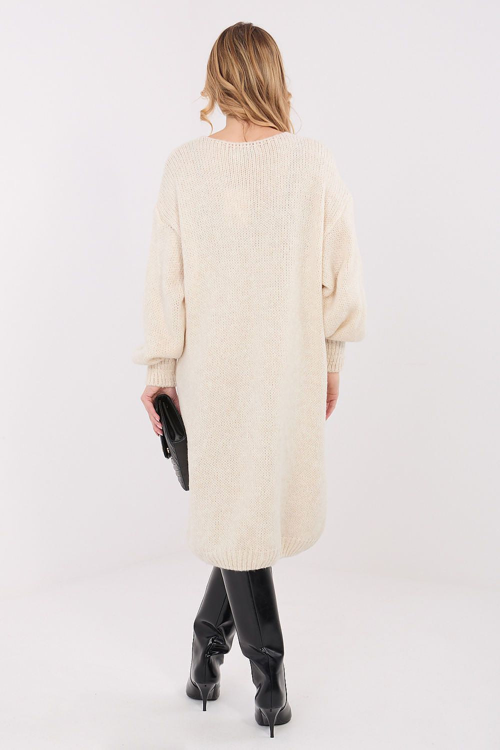 Oversized knit midi daydress in beige, back view, long sleeves, relaxed fit.