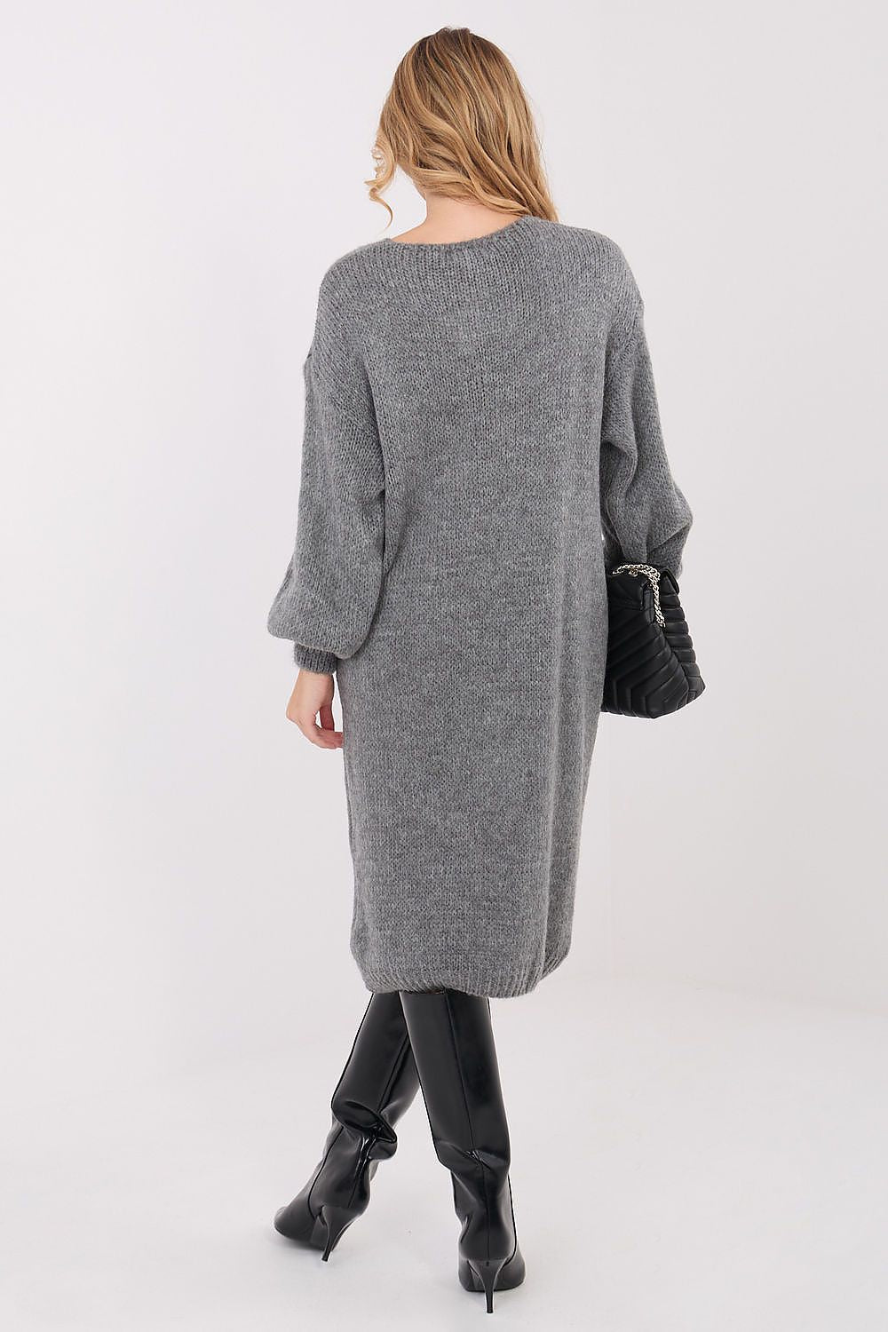 Oversized knit midi daydress in grey, back view, long sleeves, relaxed fit.