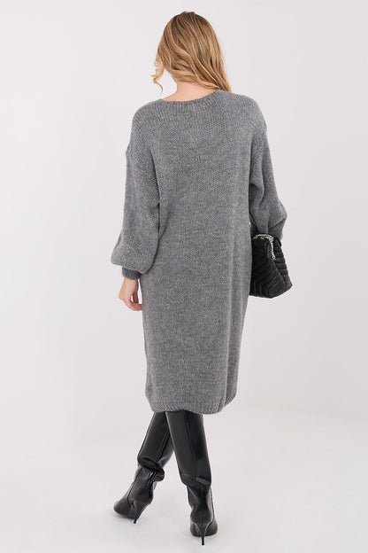 Oversized knit midi daydress in grey, back view, long sleeves, relaxed fit.