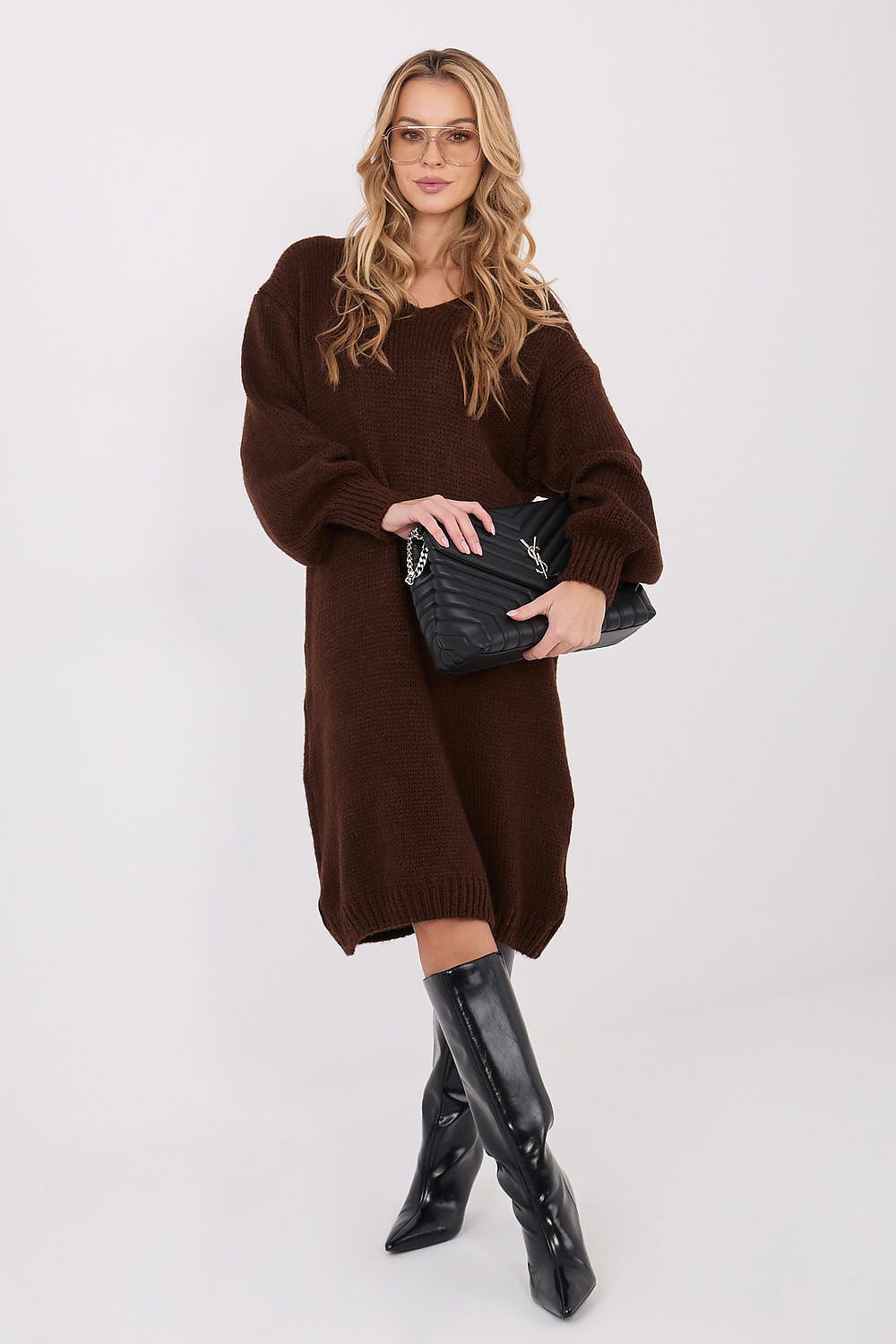 Oversized knit midi daydress, dark brown, long sleeves, relaxed fit