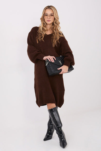 Oversized knit midi daydress, dark brown, long sleeves, relaxed fit
