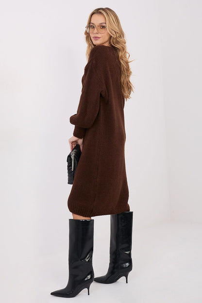 Oversized knit midi daydress, dark brown, V-neck, long sleeves