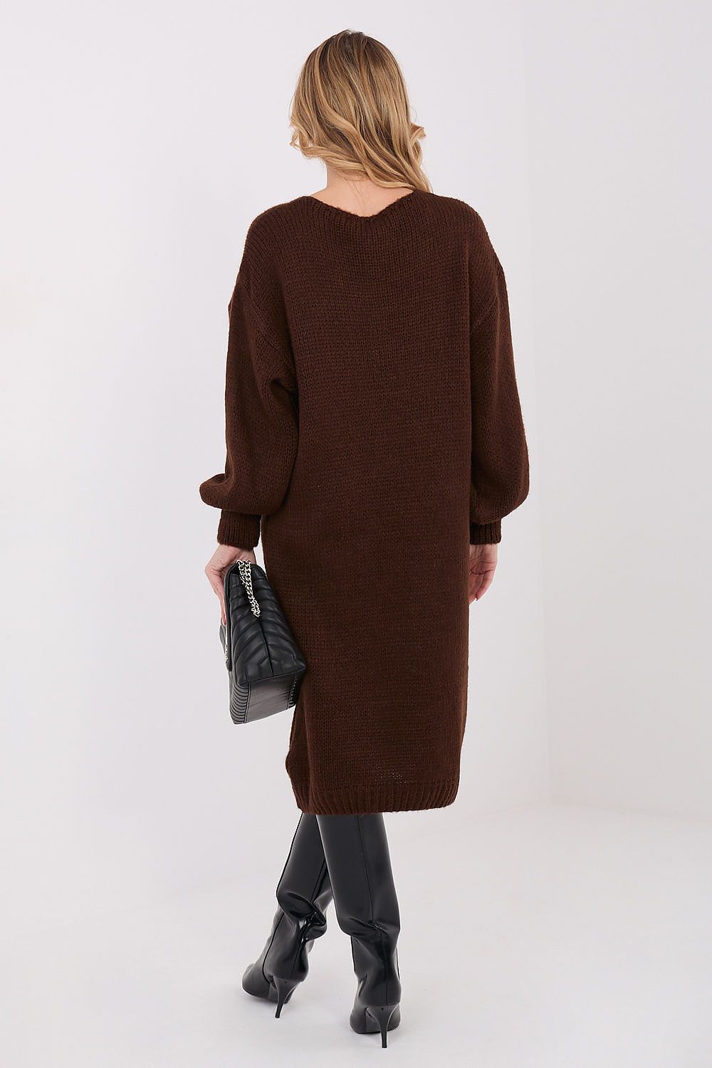 Oversized knit midi daydress, dark brown, back view, long sleeves