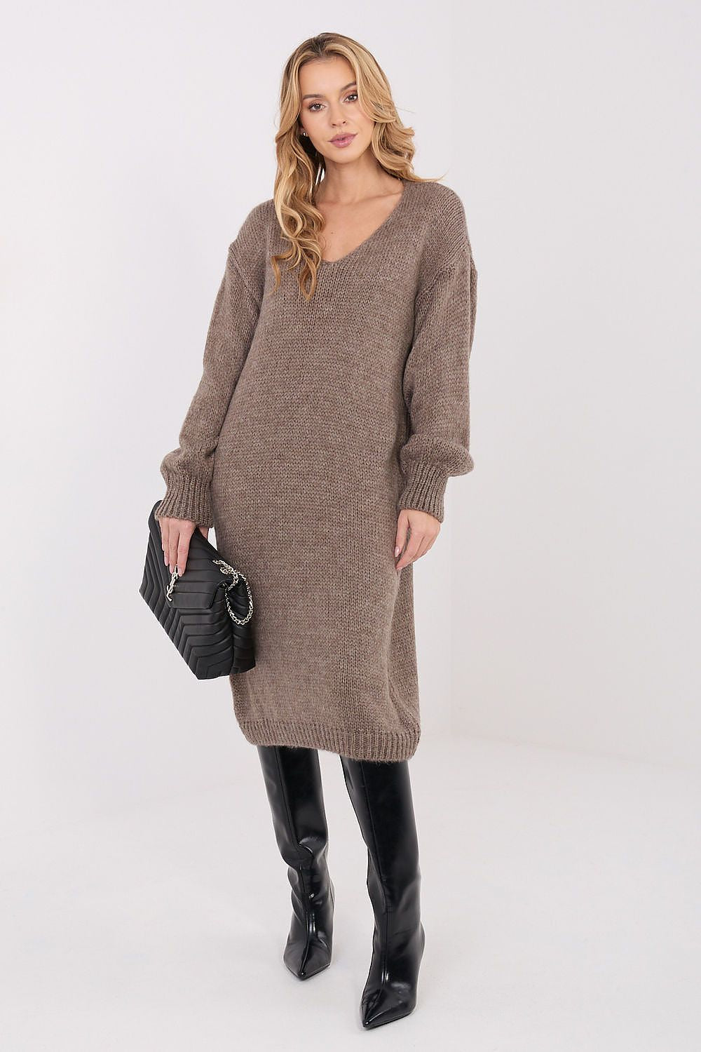 Oversized knit midi daydress, taupe beige, V-neck, long sleeves