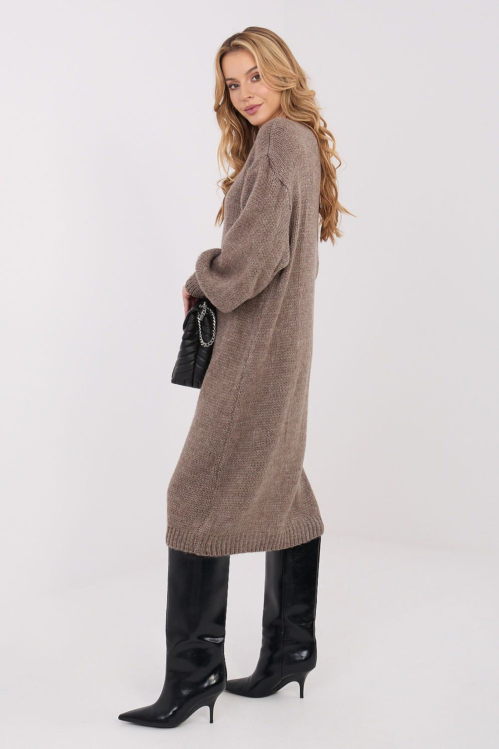Oversized knit midi daydress, taupe beige, side view, long sleeves
