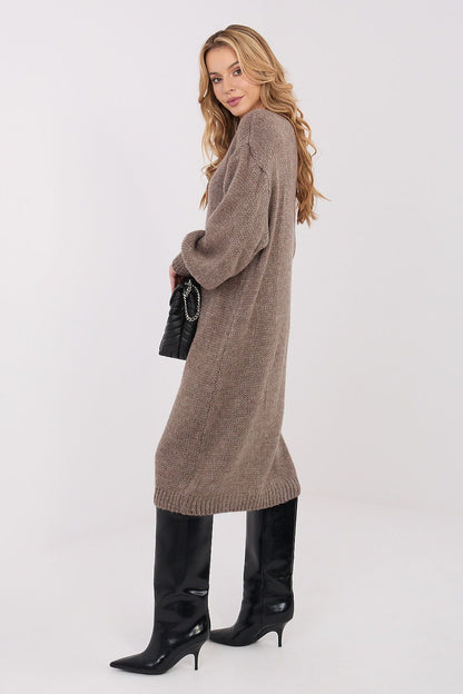 Oversized knit midi daydress, taupe beige, side view, long sleeves