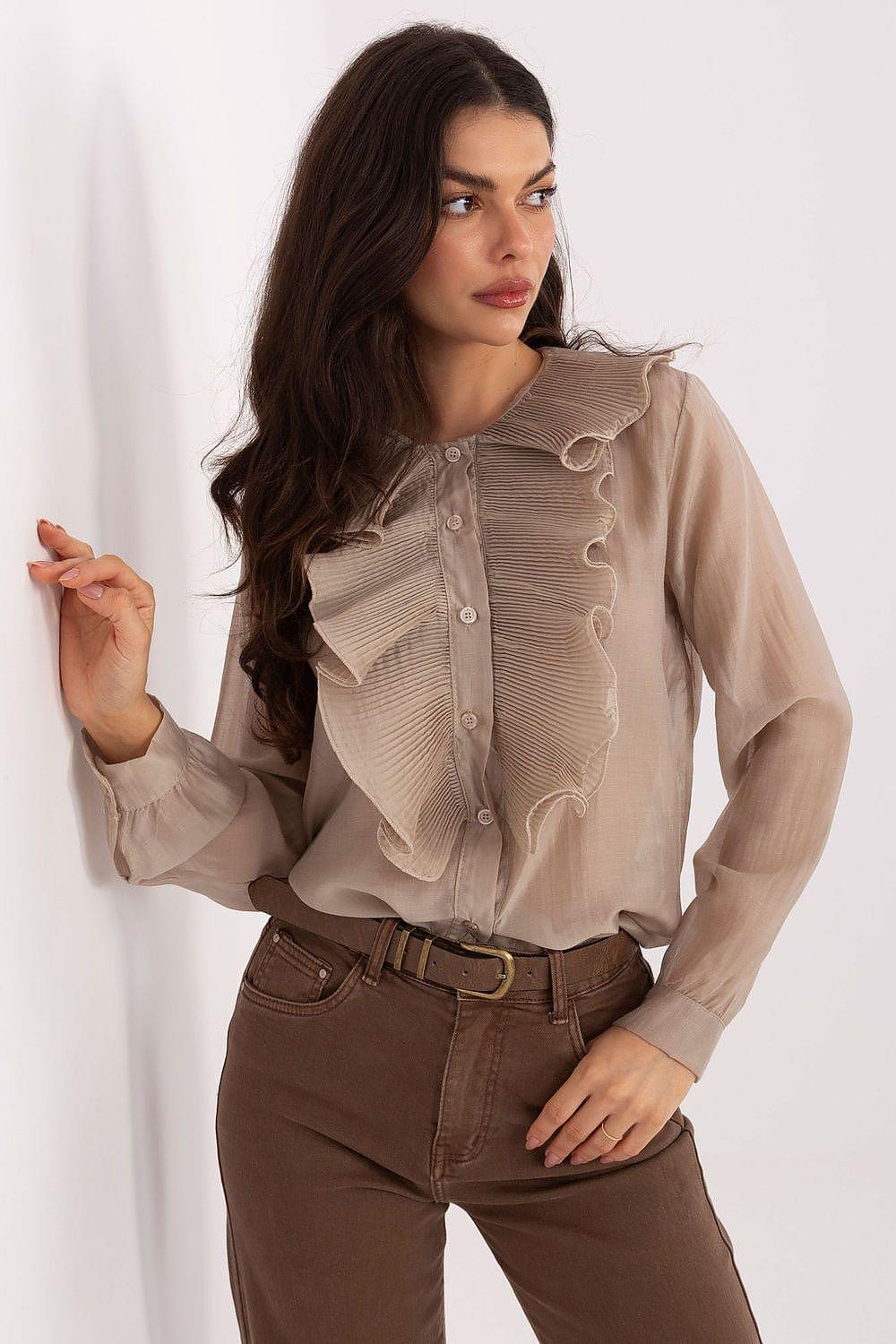 Beige long-sleeve shirt with ruffled collar and button front