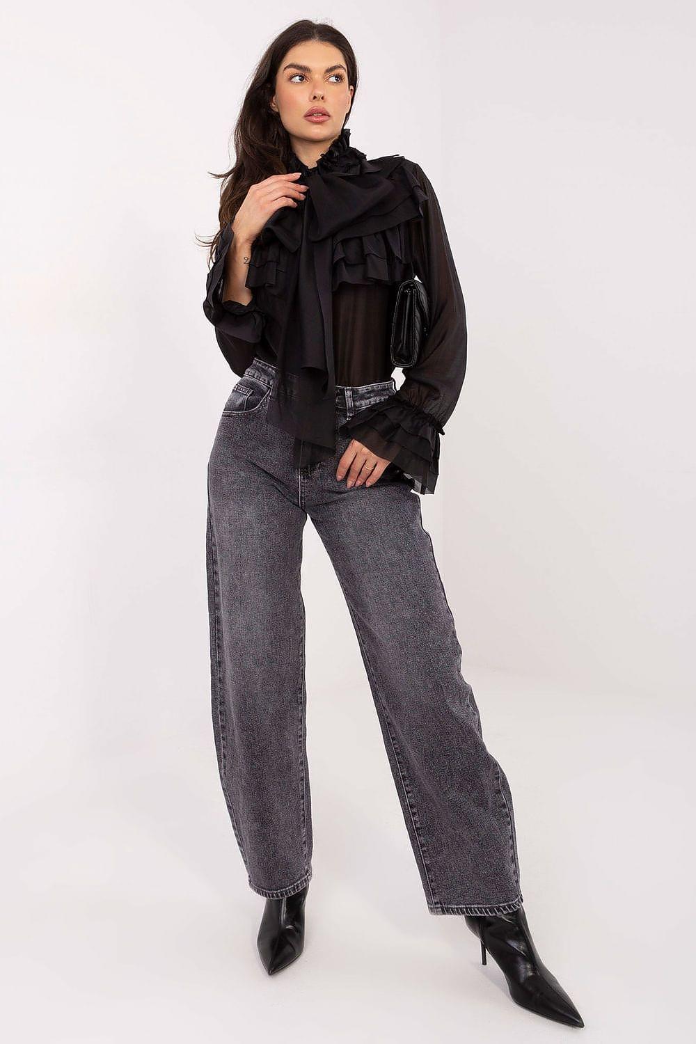 Long-sleeve black ruffled shirt with high neck and layered front details.