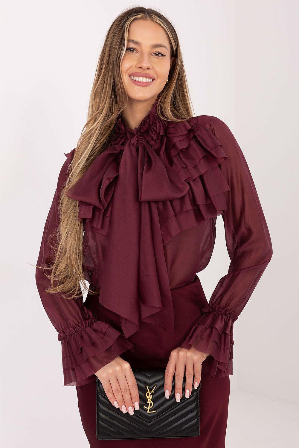 Burgundy women’s ruffle long-sleeve shirt with tiered collar and bow at neckline