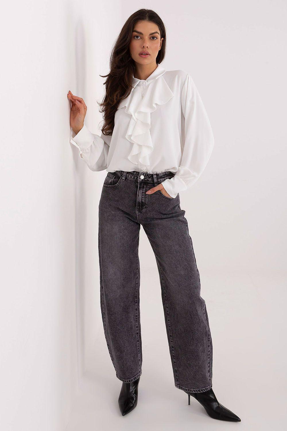 White ruffle long-sleeve shirt with layered shoulder frills and button front