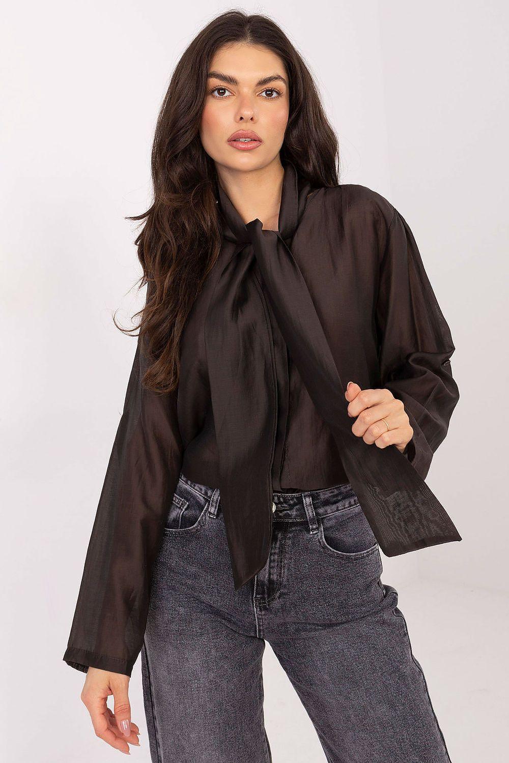 Long sleeve shirt with bow-tie neck, button front, dark color