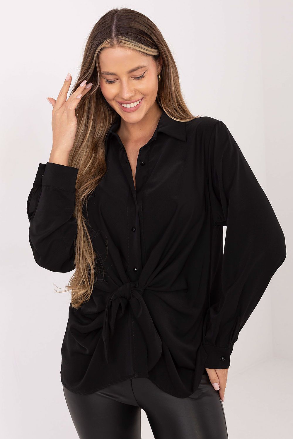 Women's long sleeve shirt in black, button-front with tied waist hem