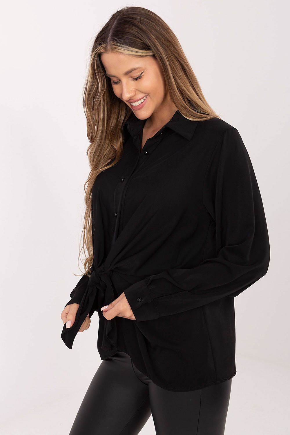 Women's long sleeve black shirt, button-front with knot at waist