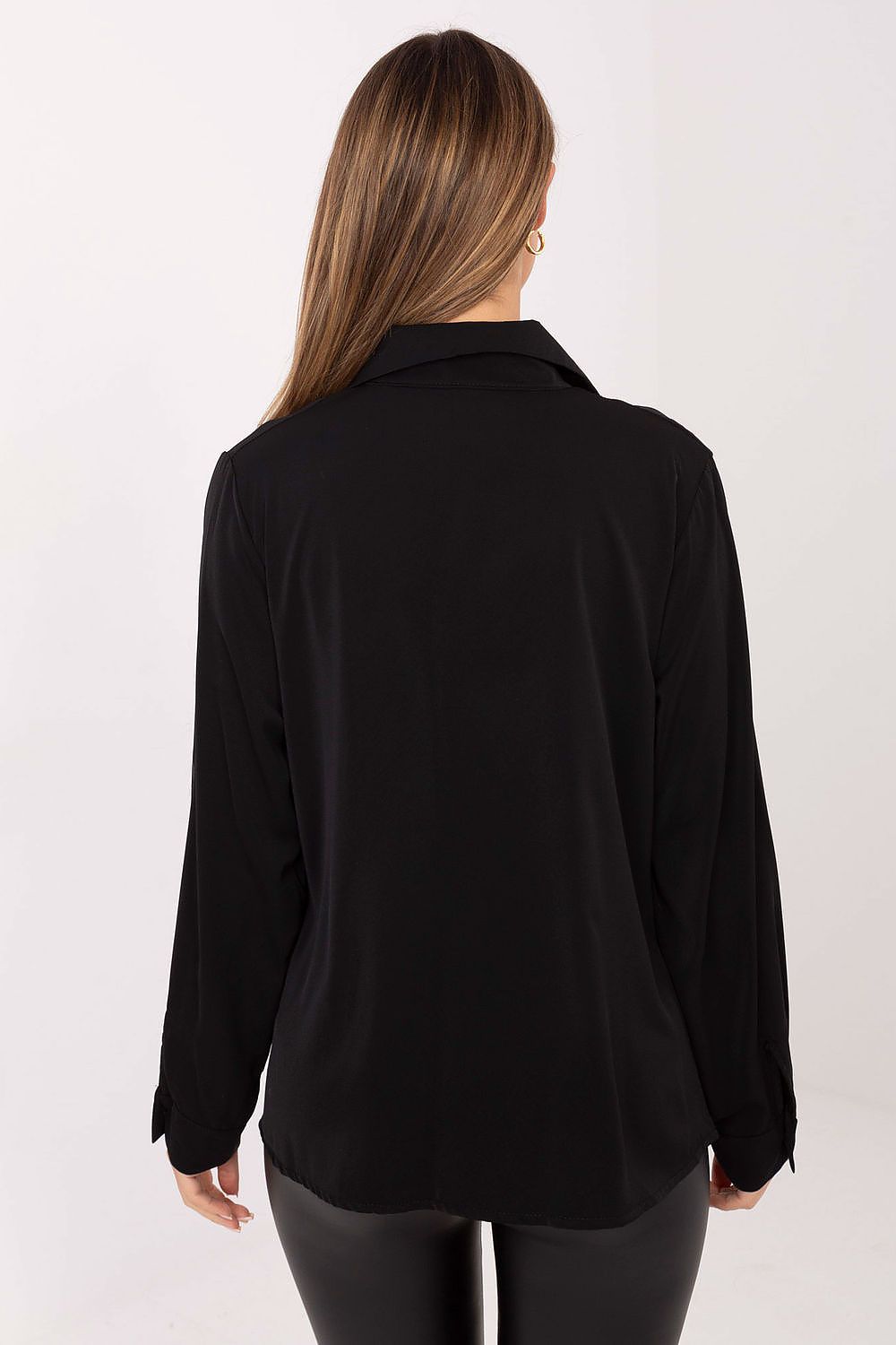 Women's long sleeve shirt in black, back view with button placket