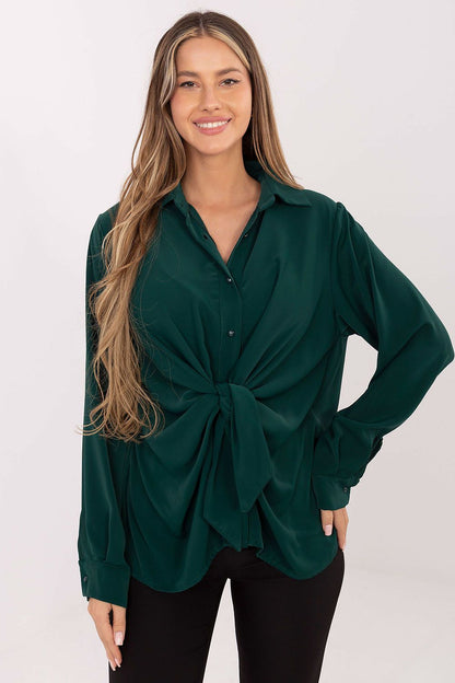 Women's long sleeve green shirt, button-front with tied knot at waist