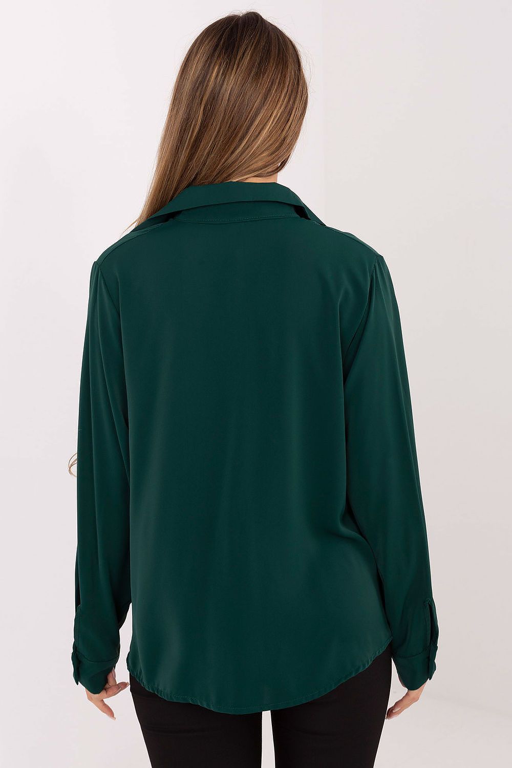 Women's long sleeve green shirt, back view with buttoned collar