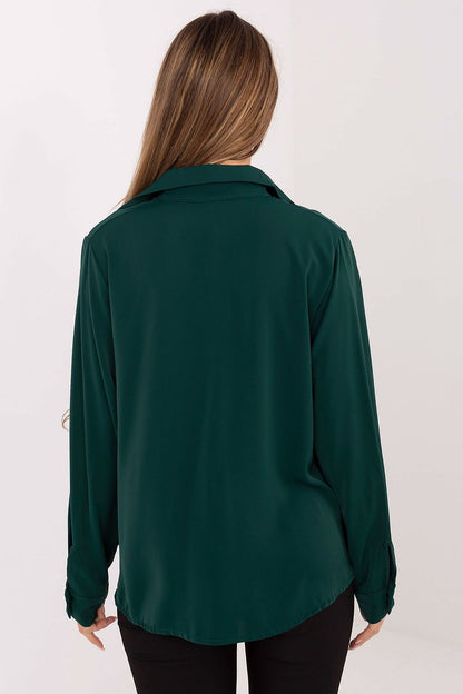 Women's long sleeve green shirt, back view with buttoned collar