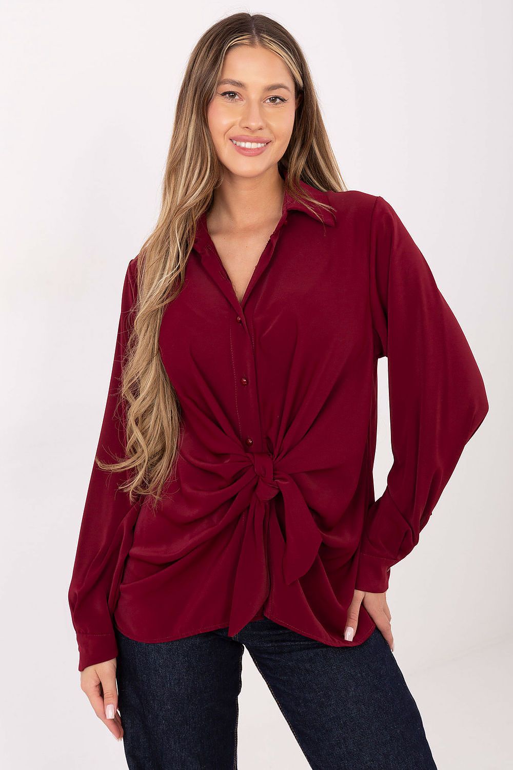 Women's long sleeve red shirt, button-front with tied knot at waist
