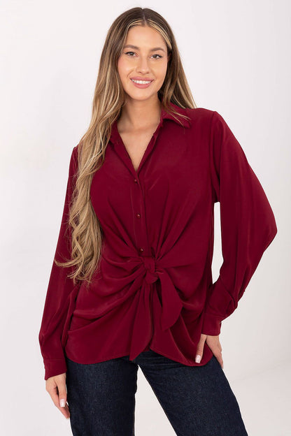 Women's long sleeve red shirt, button-front with tied knot at waist
